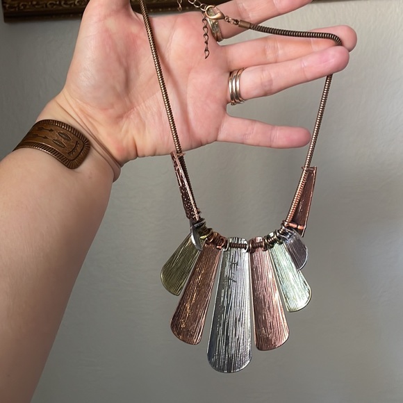 Hammered copper and silver boho statement necklace - Picture 3 of 4